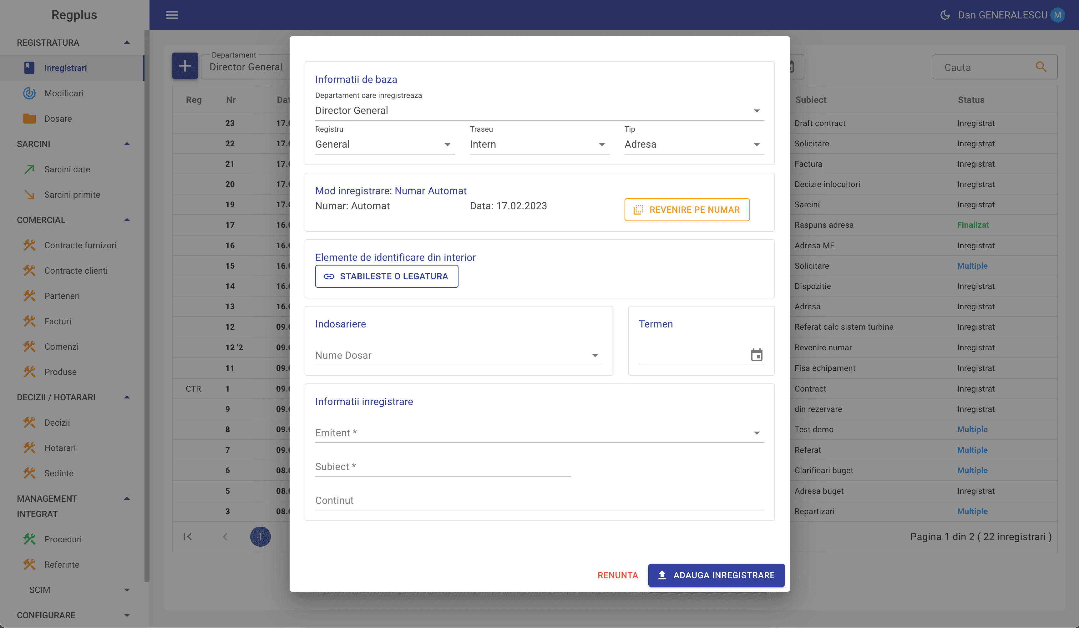 Registratură electronică – listă documente înregistrate